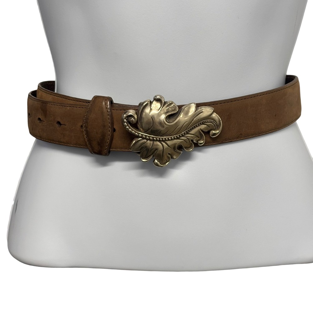 Vintage Brown Nubuck Leather Belt Gold Acanthus Leaf Buckle Made in USA 97214